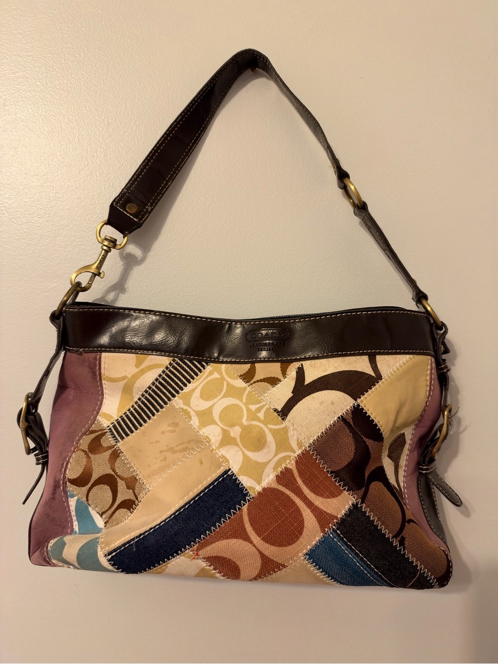 Coach Patchwork Signature Shoulder Bag - Brown, Tan, Cream, Blue, Purple